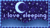 a crescent moon in a starry sky with the text i love sleeping