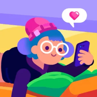 An infographic-cartoon-style girl with blue hair in a pink beanie laying on the couch looking at her phone